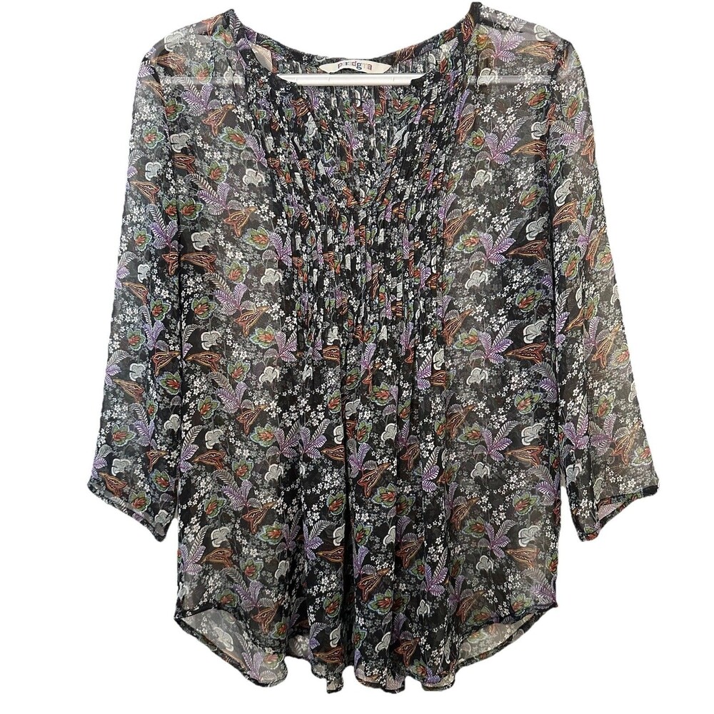Paradigma Boho Sheer Floral Romantic Pintuck Blouse Medium